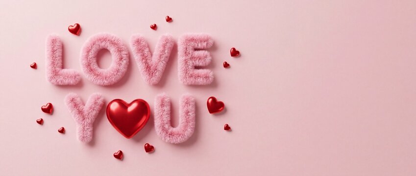 The word LOVE YOU is displayed in fluffy pink letters and a shiny red heart, surrounded by small red hearts, on a soft pink background.