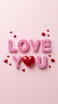 The word LOVE in fluffy pink letters, with YOU spelled out underneath in similar soft texture and a bright red, glossy heart in place of the O, is surrounded by tiny.
