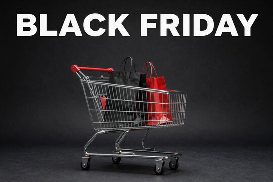 Shopping cart with red and black bags for Black Friday retail sale promotion