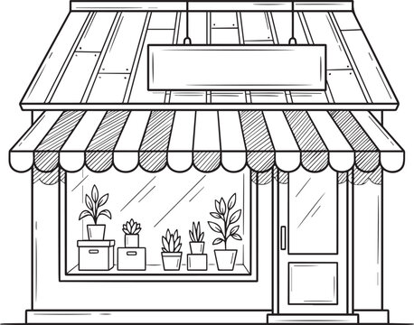 Line art illustration of a small boutique shop storefront with potted plants in the window display green monday