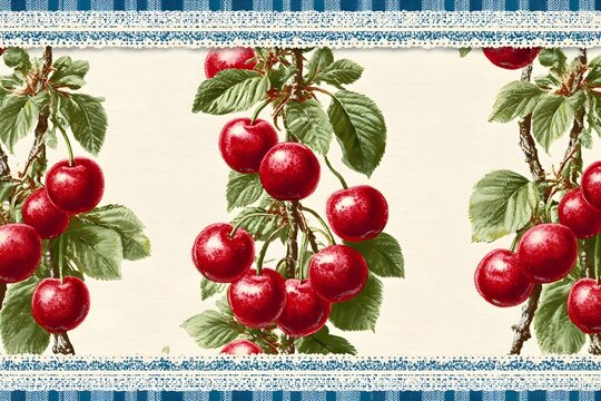 Hanging cherry bunches with blue gingham border and lace trim