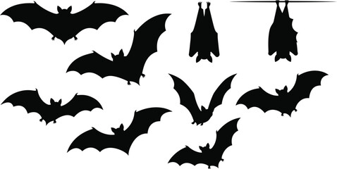 Collection of black bat silhouettes in various flying and hanging poses © DILARA
