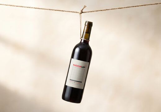 Wine Bottle Hanging from Rope Label Mockup