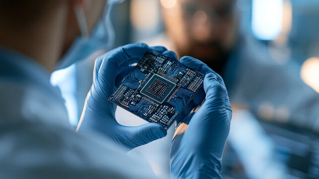 Faceless scientist figure viewed from behind wearing blue gloves examining a microchip circuit board european figure accents bright clean modern laboratory background soft even