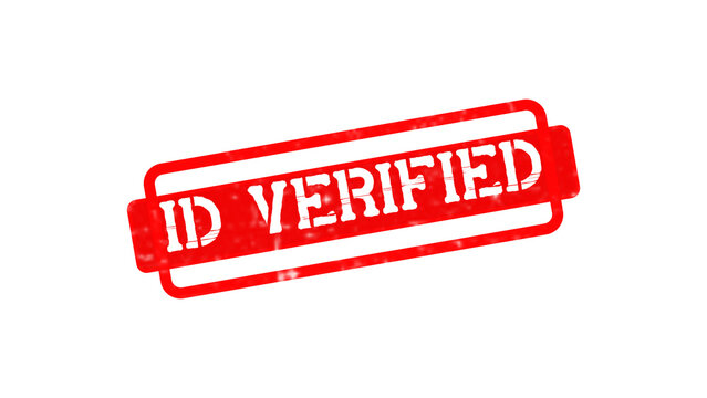 A bright red rectangular rubber stamp featuring the text id verified in a white stencil font inside a double line border frame isolated on a transparent background