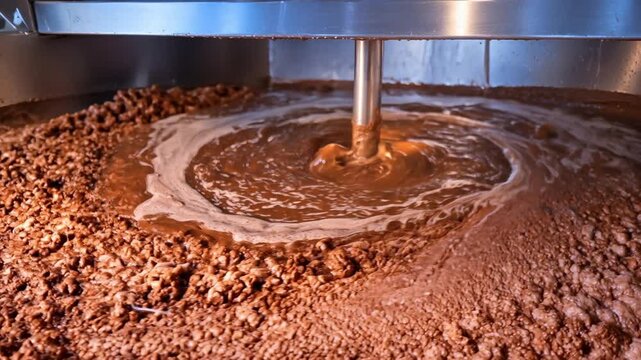 Industrial mixing vessel processing a thick brown food mixture, highlighting manufacturing, ingredient preparation, food technology, quality control, automation, hygiene, production, and commercial pr