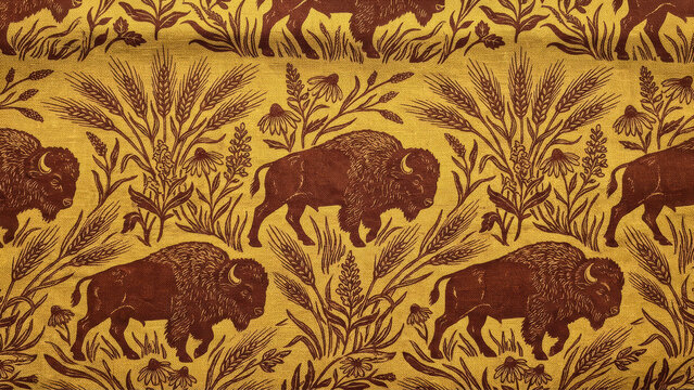 Hand-drawn seamless pattern with bison, wheat stalks, and coneflowers in vintage engraving style on mustard yellow linen.