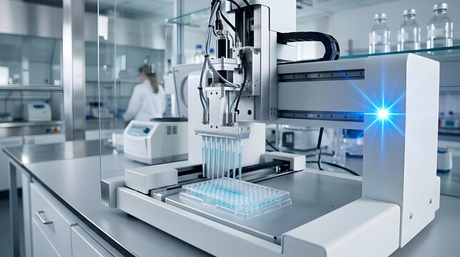 Advanced laboratory robot performing high throughput liquid handling in science facility