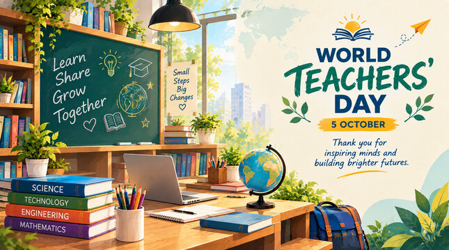 World teachers day celebration concept featuring a classroom desk with books