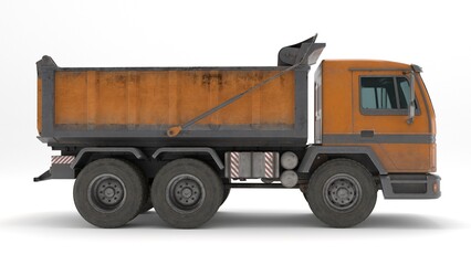 Side profile of orange dump truck isolated on white background © Astro Vigital