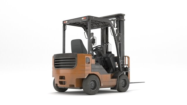 Rear perspective view of orange forklift loader isolated on white