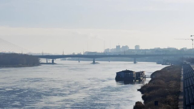 Warsaw Visla River Panoramic Sunrise Aerial View with City Skyline