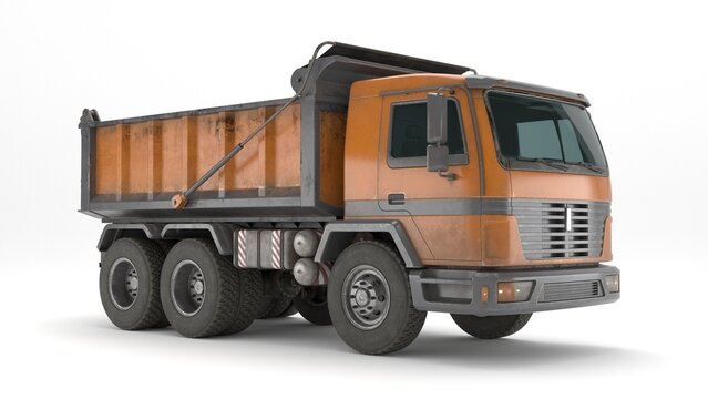 Heavy duty orange dump truck isolated on white background