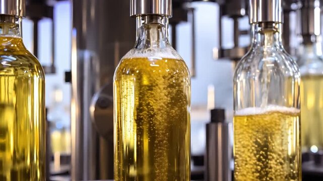 Glass bottles filled with sparkling golden liquid in a modern production facility, showing beverage processing, bottling, manufacturing, packaging, hospitality, quality control, and commercial product