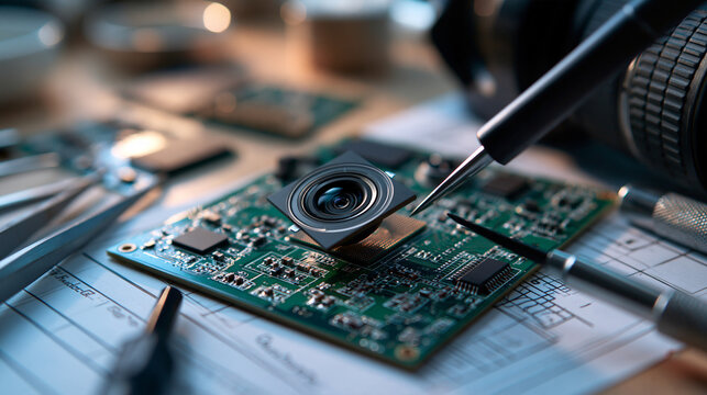 Camera module concept small imaging component resting on a green circuit board surrounded by testing tools and schematics bright clean workshop background soft even lighting