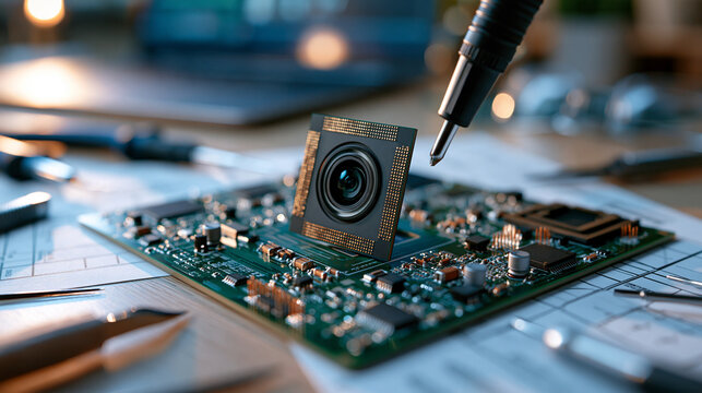 Camera module concept small imaging component resting on a green circuit board surrounded by testing tools and schematics bright clean workshop background soft even lighting