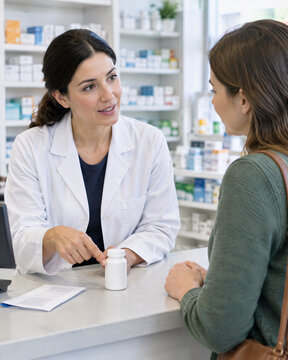 Professional female pharmacist consulting patient in drugstore, medical expert explaining prescription medication, healthcare professional in pharmacy