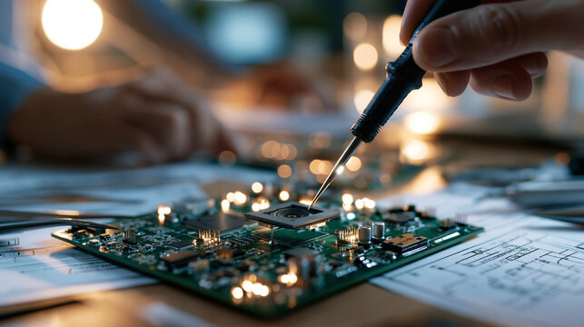 Camera module concept small imaging component resting on a green circuit board surrounded by testing tools and schematics bright clean workshop background soft even lighting