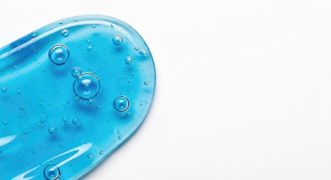 Macro shot of a translucent blue hyaluronic acid gel swatch with air bubbles on a clean white background, showcasing a glossy texture, aqua, purity, fresh