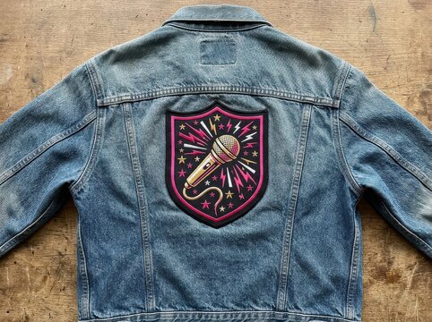 Denim Jacket with Microphone Patch and Bold Embroidery