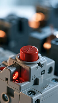 Electrical component concept gray motor starter overload relay with a red test button close up product detail bright clean studio background soft even lighting industrial