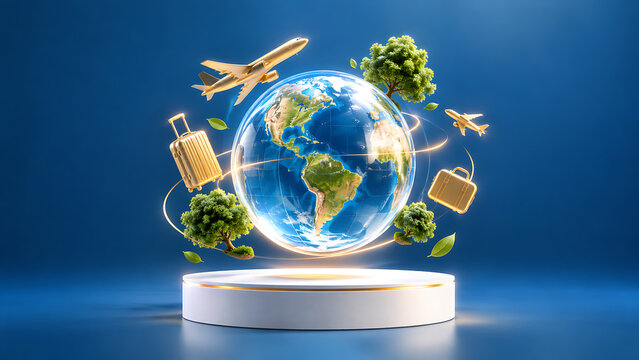Global travel and environmental sustainability concept with globe, airplanes, trees, and suitcases