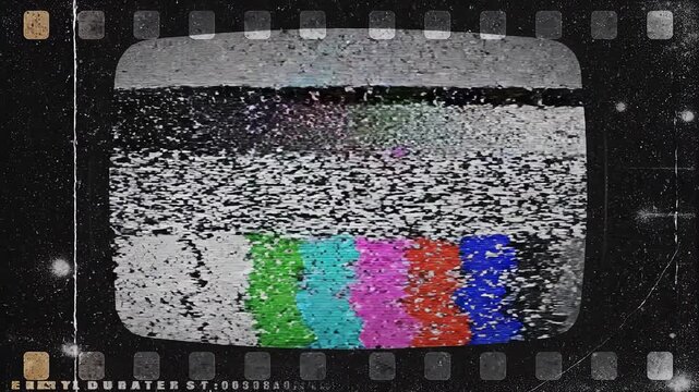 Vintage television screen static transition with film grain and color bars sequence