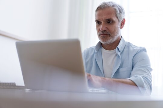 Portrait of happy 40s freelancer man sitting at desk with laptop computer at home office