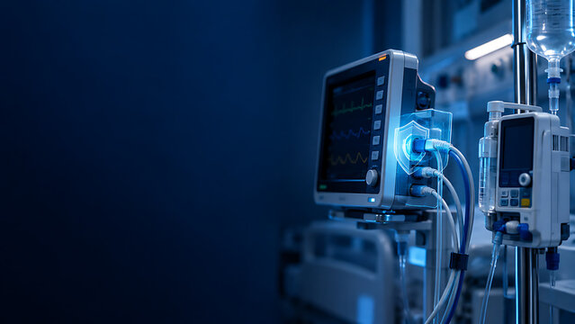 Modern ICU patient monitor displaying vital signs with cybersecurity protection shield overlay in hospital