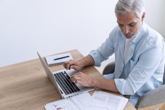 Portrait of happy 40s freelancer man sitting at desk with laptop computer at home office