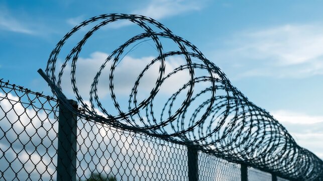 Razor wire fence providing security under blue sky