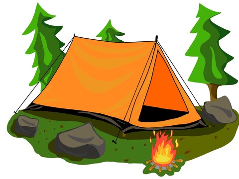 An orange tent sits on a grassy patch next to trees with a campfire in front of it. Rocks surround the peaceful atmosphere of the campsite. Pine trees tower behind, adding to the natural charm. , so t