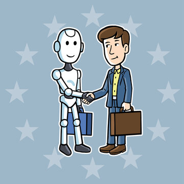 Cartoon Roboter und Gesch&auml;ftsmann reichen sich die H&auml;nde von EU Flagge