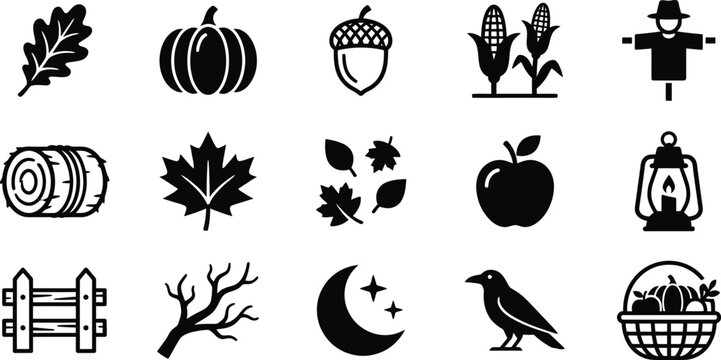 Autumn Harvest and Nature Icons Set - Black and White Vector Illustrations