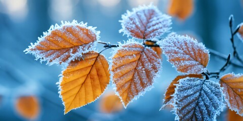 Fototapeta na wymiar Frost covering autumn leaves on a cold branch