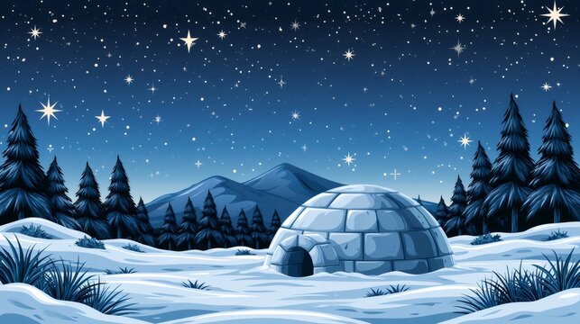 Igloo in a winter landscape under starry night sky