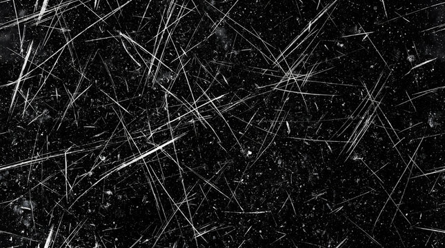 Grungy black texture with white scratches, distressed vintage film overlay, dark weathered surface with heavy scuff marks and dust particles