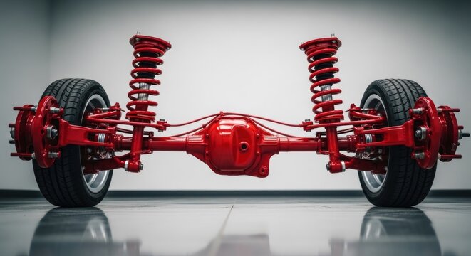 Detailed View of a Red Automotive Rear Axle Assembly with Suspension Components.