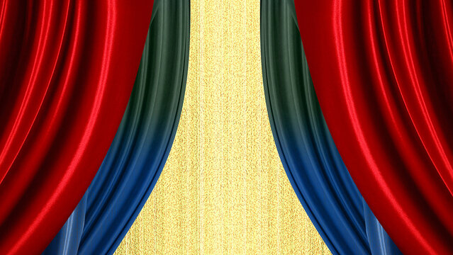 Stage opening drapes with red and blue velvet fabric curtains