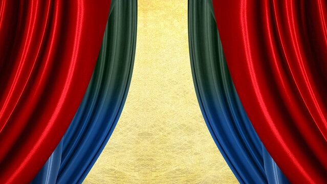 Stage opening drapes with red and blue velvet fabric curtains