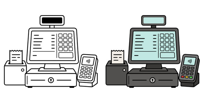 A set of illustrated cash register and card reader icons, representing retail transactions and payment systems.