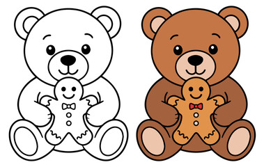 Obraz premium A cute teddy bear illustration holding a gingerbread man, presented in both a colored and outline version, perfect for crafting and design projects.