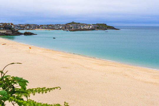 Panoramic view of St Ives Harbor and sandy beach, Cornwall, UK.