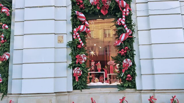 Warsaw Christmas Shop Window Display with Festive Decorations
