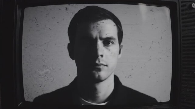 Vintage television screens displaying static and a man's face with glitch effects during a broadcast disruption