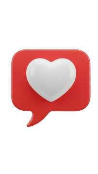 Social media heart icon in red speech bubble, 3D render of like notification button, glossy white heart symbol on red background for digital engagement