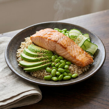 Fresh Grilled Salmon Poke Bowl with Avocado Slices Edamame Beans Cucumber Ribbons Brown Rice and Sesame Seeds Served in a Dark Ceramic on a Wooden Table with Napkin delicious healthy