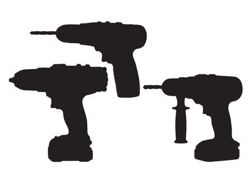 Cordless drill silhouettes set with different power tool shapes vector illustration