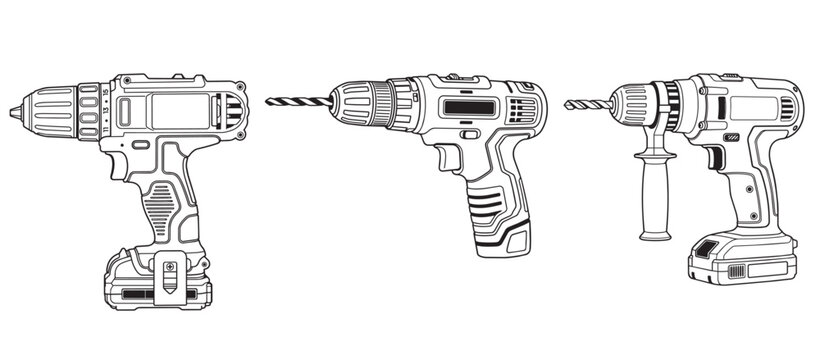 Cordless drill outline set with different power tool designs vector illustration