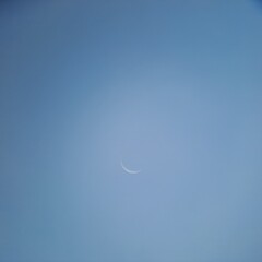 Thin crescent moon appears in a clear blue daylight sky © Vella